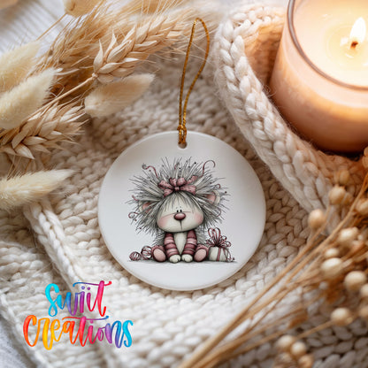 white and pink kitten in a floral winter headpiece ceramic Christmas ornament styled on a cozy knit blanket