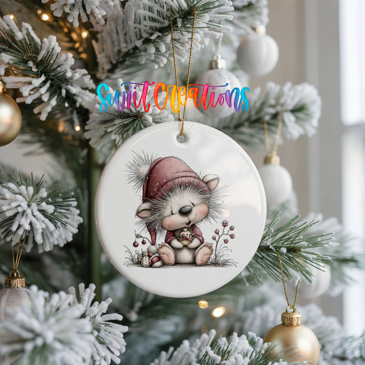 pink and gray kitten in a winter hat and scarf ceramic Christmas ornament hanging on a frosted Christmas tree