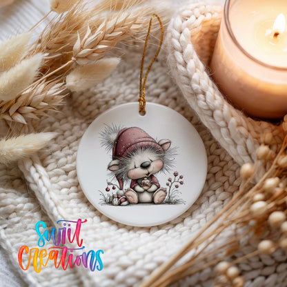 pink and gray kitten in a winter hat and scarf ceramic Christmas ornament styled on a cozy knit blanket