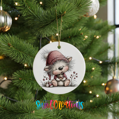 pink and gray kitten in a winter hat and scarf ceramic Christmas ornament hanging on a lit Christmas tree