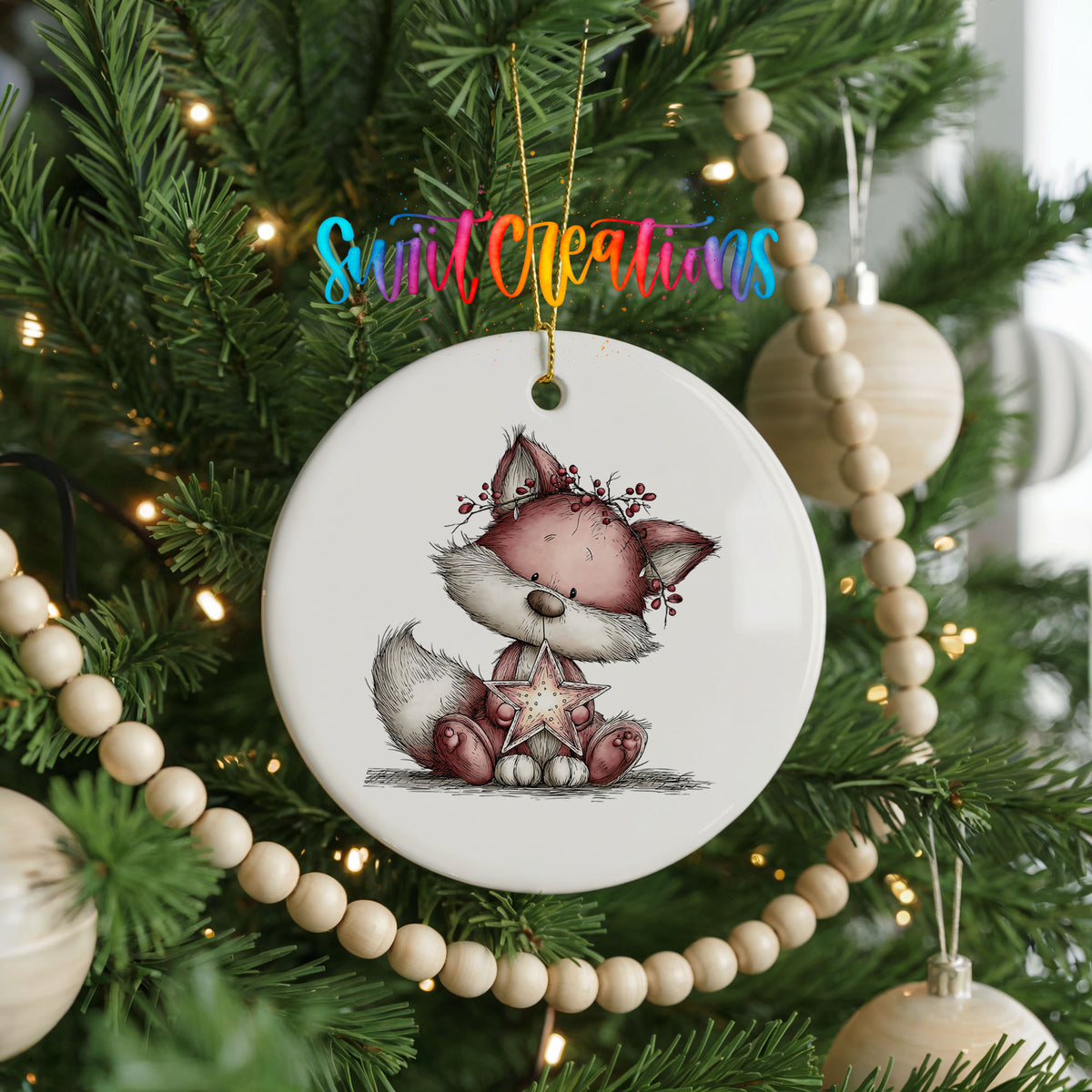 pink fox in a winter scarf ceramic Christmas ornament hanging on a green Christmas tree
