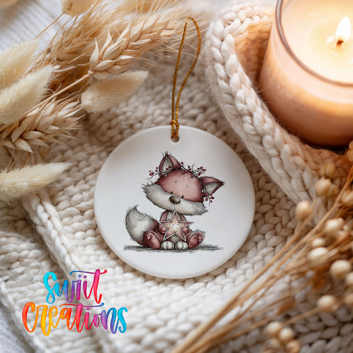 pink fox in a winter scarf ceramic Christmas ornament styled on a cozy knit blanket