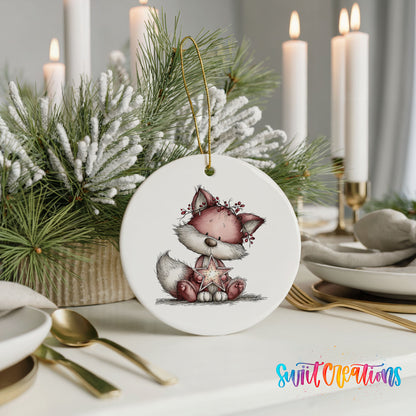 pink fox in a winter scarf ceramic Christmas ornament shown in a holiday table setting