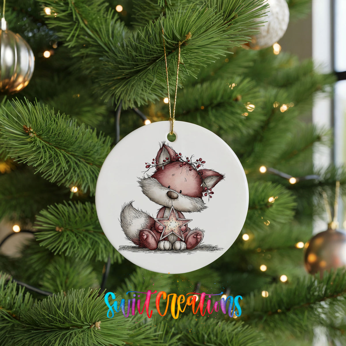 pink fox in a winter scarf ceramic Christmas ornament hanging on a lit Christmas tree