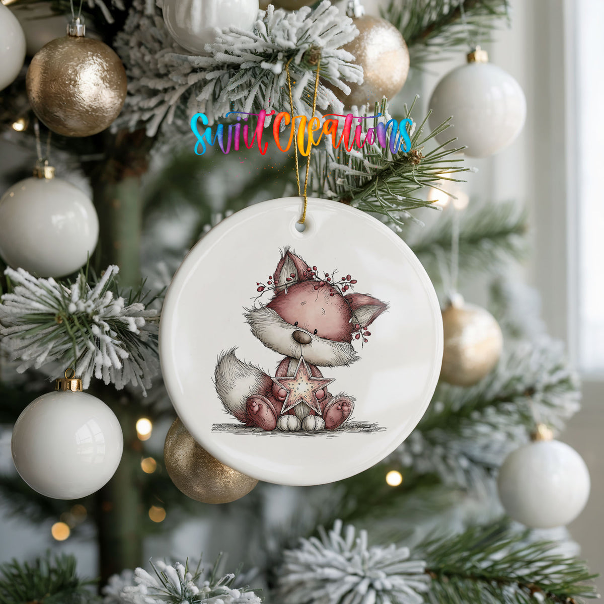 pink fox in a winter scarf ceramic Christmas ornament hanging on a frosted tree with ornaments