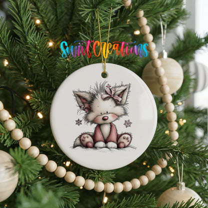 pink and gray kitten with snowflakes ceramic Christmas ornament hanging on a green Christmas tree