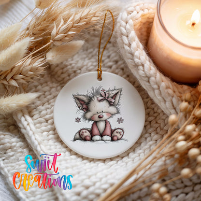 pink and gray kitten with snowflakes ceramic Christmas ornament styled on a cozy knit blanket