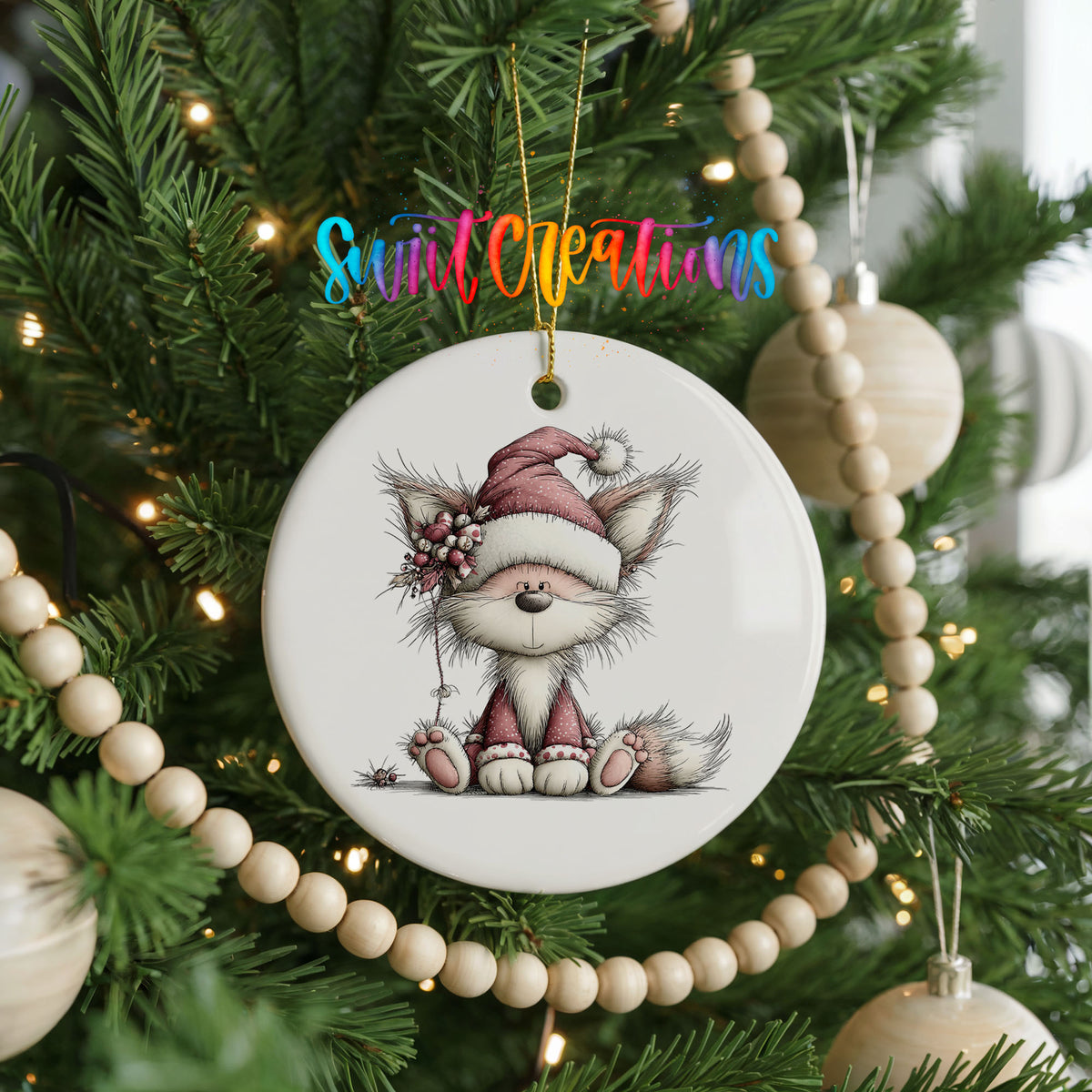 pink fox in a Santa hat ceramic Christmas ornament hanging on a green Christmas tree