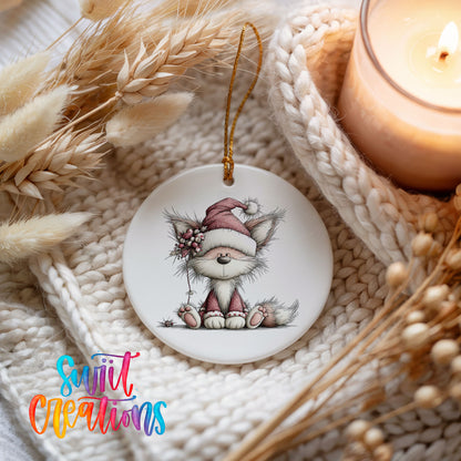 pink fox in a Santa hat ceramic Christmas ornament styled on a cozy knit blanket