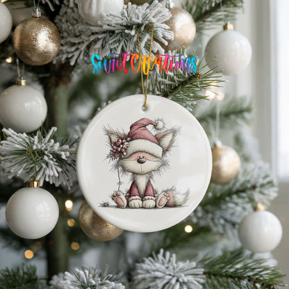pink fox in a Santa hat ceramic Christmas ornament hanging on a frosted tree with ornaments