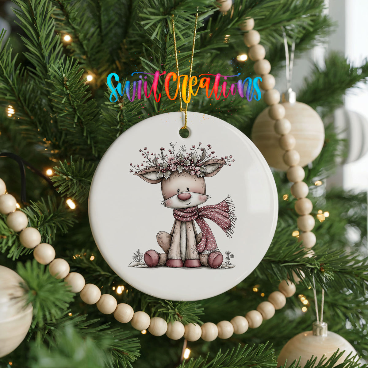 pink reindeer in a scarf with a berry antler crown ceramic Christmas ornament hanging on a green Christmas tree