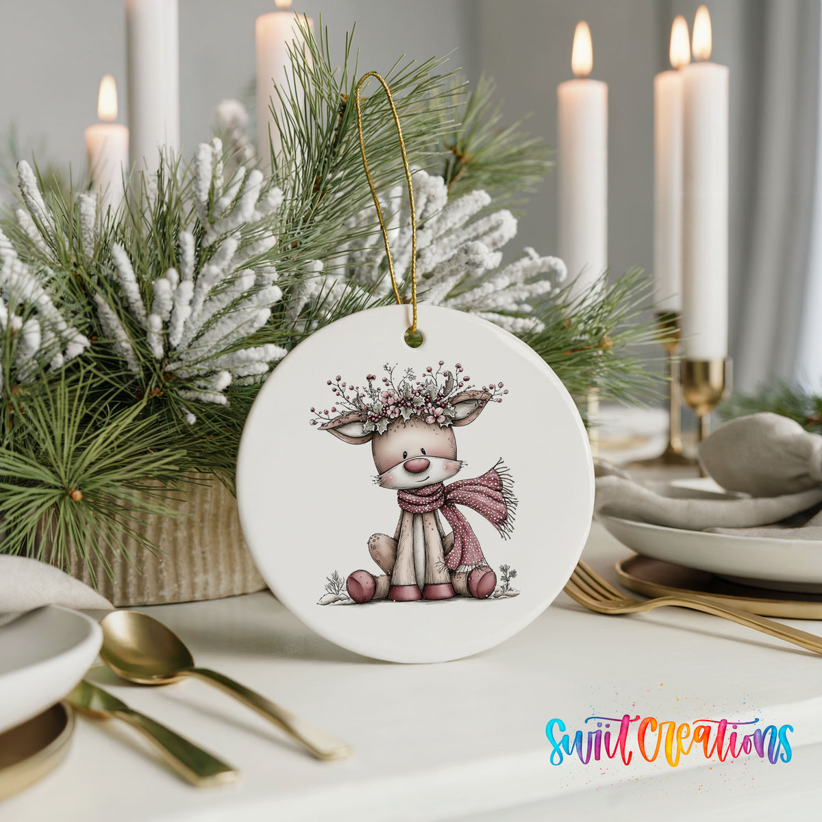 pink reindeer in a scarf with a berry antler crown ceramic Christmas ornament shown in a holiday table setting