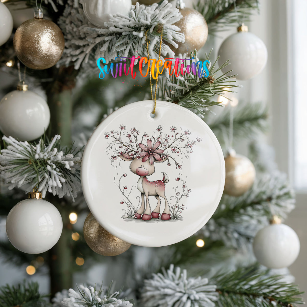 pink reindeer with snowy floral antlers ceramic Christmas ornament hanging on a frosted tree with ornaments