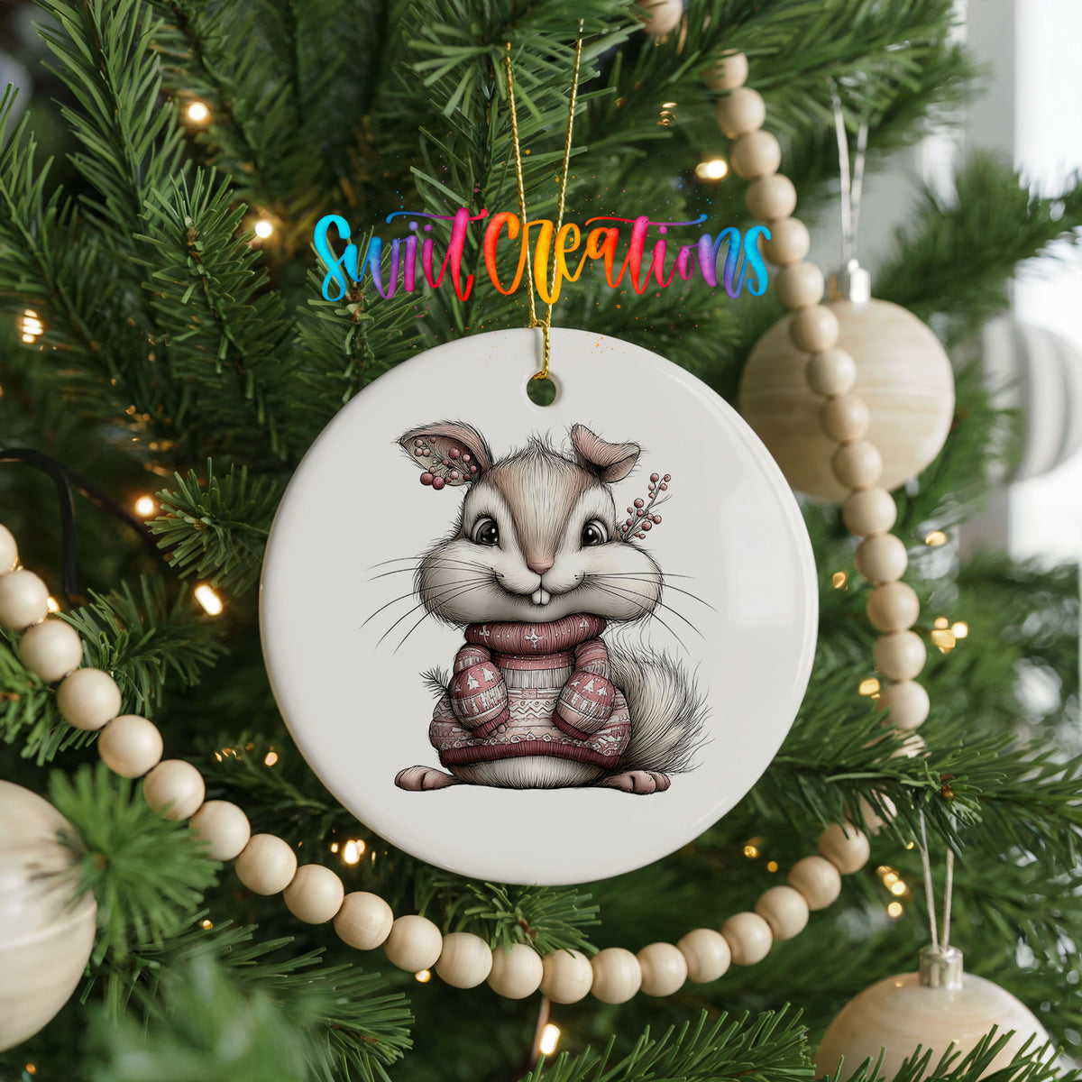 pink rabbit in a striped winter sweater ceramic Christmas ornament hanging on a green Christmas tree