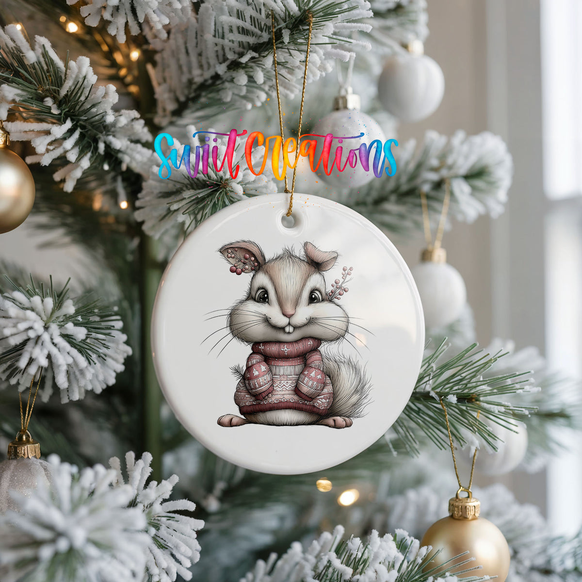 pink rabbit in a striped winter sweater ceramic Christmas ornament hanging on a frosted Christmas tree