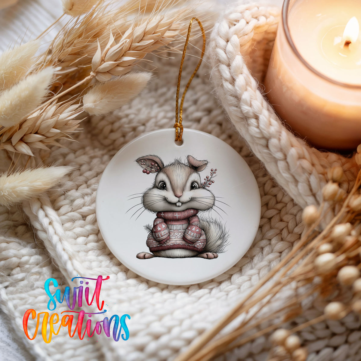 pink rabbit in a striped winter sweater ceramic Christmas ornament styled on a cozy knit blanket