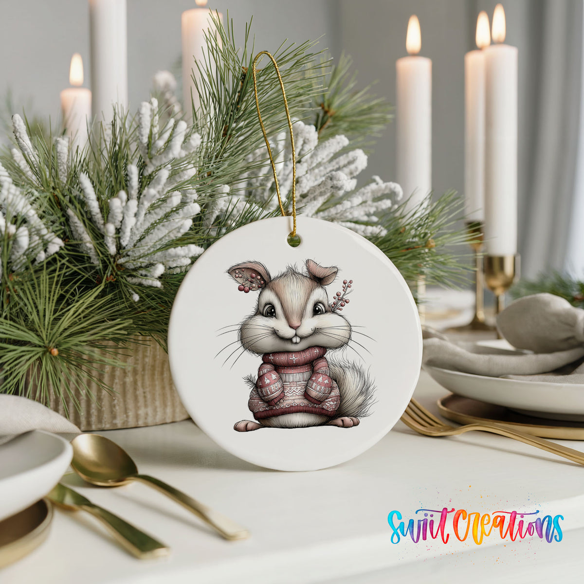 pink rabbit in a striped winter sweater ceramic Christmas ornament shown in a holiday table setting