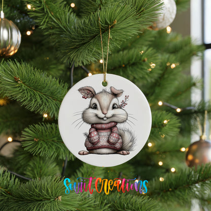pink rabbit in a striped winter sweater ceramic Christmas ornament hanging on a lit Christmas tree