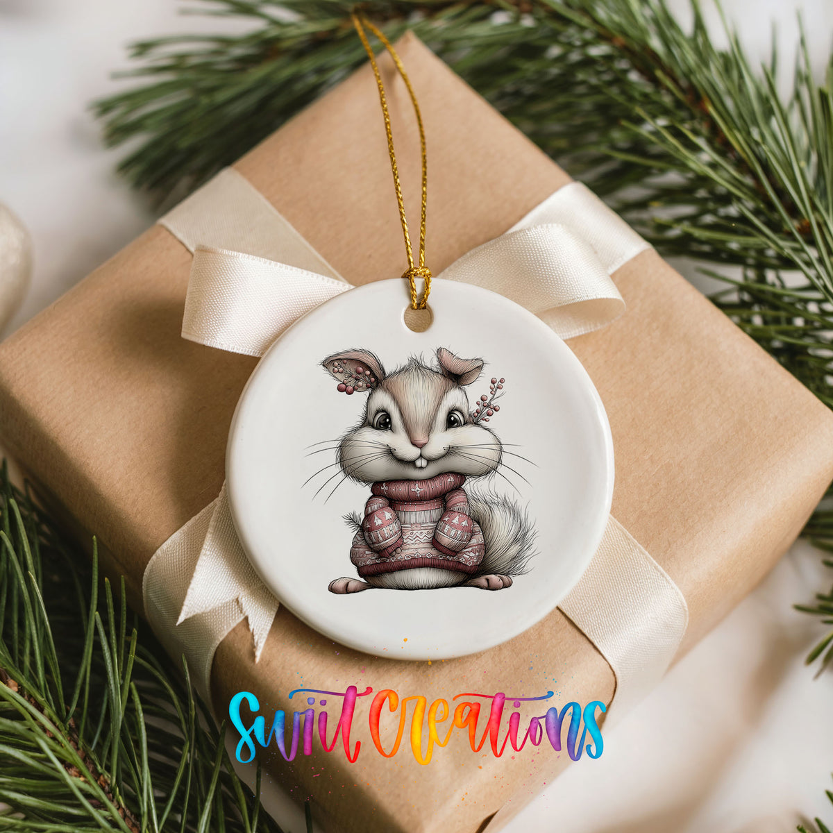 pink rabbit in a striped winter sweater ceramic Christmas ornament displayed on a wrapped Christmas gift