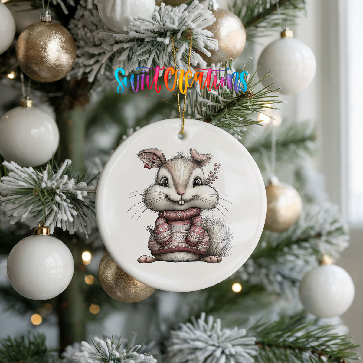 pink rabbit in a striped winter sweater ceramic Christmas ornament hanging on a frosted tree with ornaments
