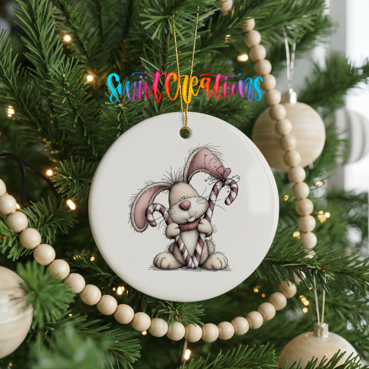 pink rabbit holding a candy cane ceramic Christmas ornament hanging on a green Christmas tree