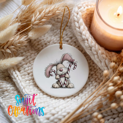 pink rabbit holding a candy cane ceramic Christmas ornament styled on a cozy knit blanket