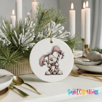 pink rabbit holding a candy cane ceramic Christmas ornament shown in a holiday table setting