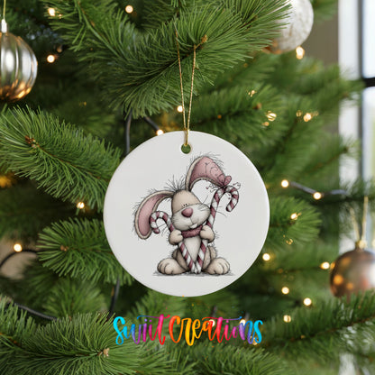 pink rabbit holding a candy cane ceramic Christmas ornament hanging on a lit Christmas tree