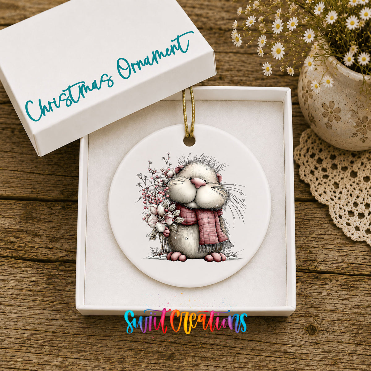 fluffy mouse in a pink scarf with flowers and berries ceramic Christmas ornament presented in a gift box