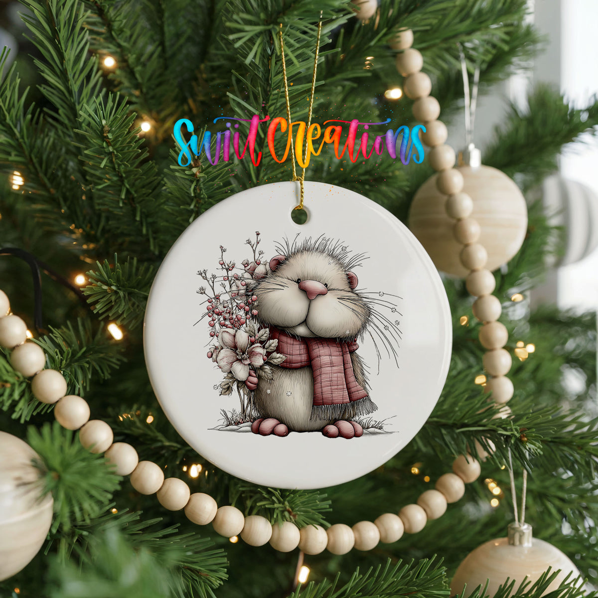 fluffy mouse in a pink scarf with flowers and berries ceramic Christmas ornament hanging on a green Christmas tree