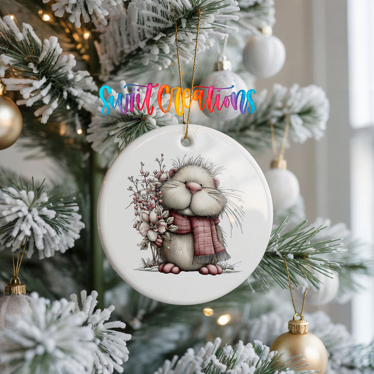 fluffy mouse in a pink scarf with flowers and berries ceramic Christmas ornament hanging on a frosted Christmas tree