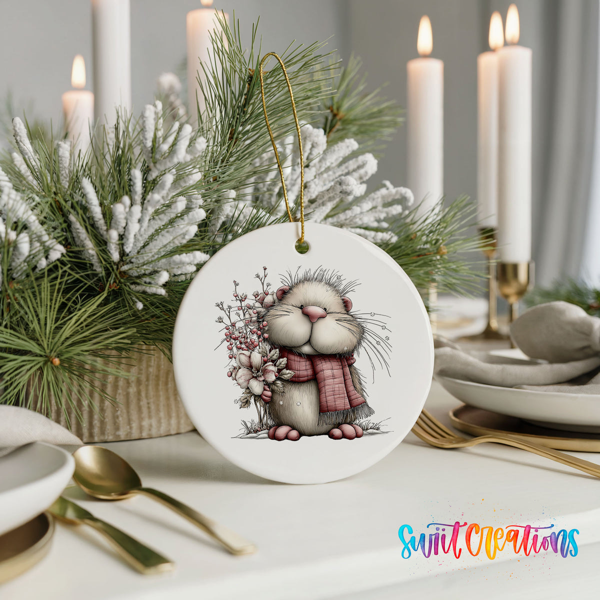 fluffy mouse in a pink scarf with flowers and berries ceramic Christmas ornament shown in a holiday table setting