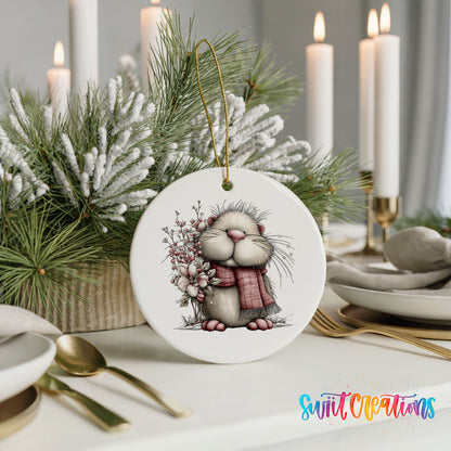 fluffy mouse in a pink scarf with flowers and berries ceramic Christmas ornament shown in a holiday table setting