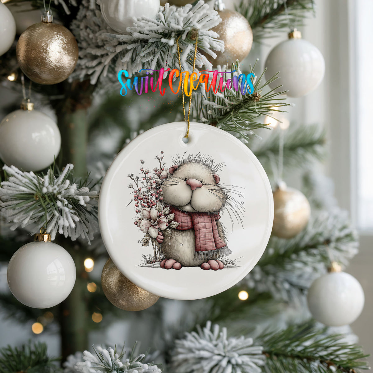 fluffy mouse in a pink scarf with flowers and berries ceramic Christmas ornament hanging on a frosted tree with ornaments