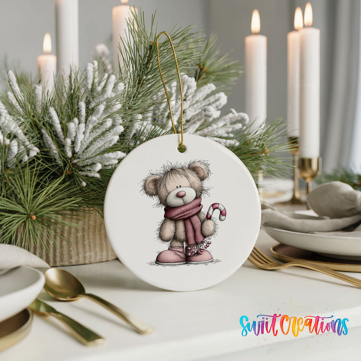teddy bear in a pink scarf holding a candy cane ceramic Christmas ornament shown in a holiday table setting