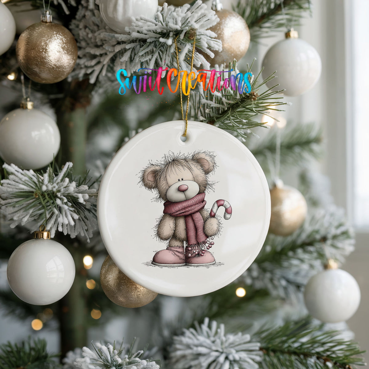 teddy bear in a pink scarf holding a candy cane ceramic Christmas ornament hanging on a frosted tree with ornaments