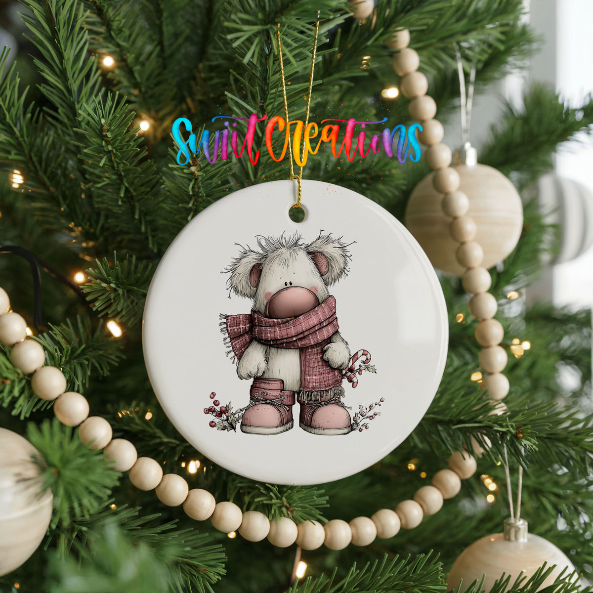 teddy bear in a pink winter sweater with holly ceramic Christmas ornament hanging on a green Christmas tree