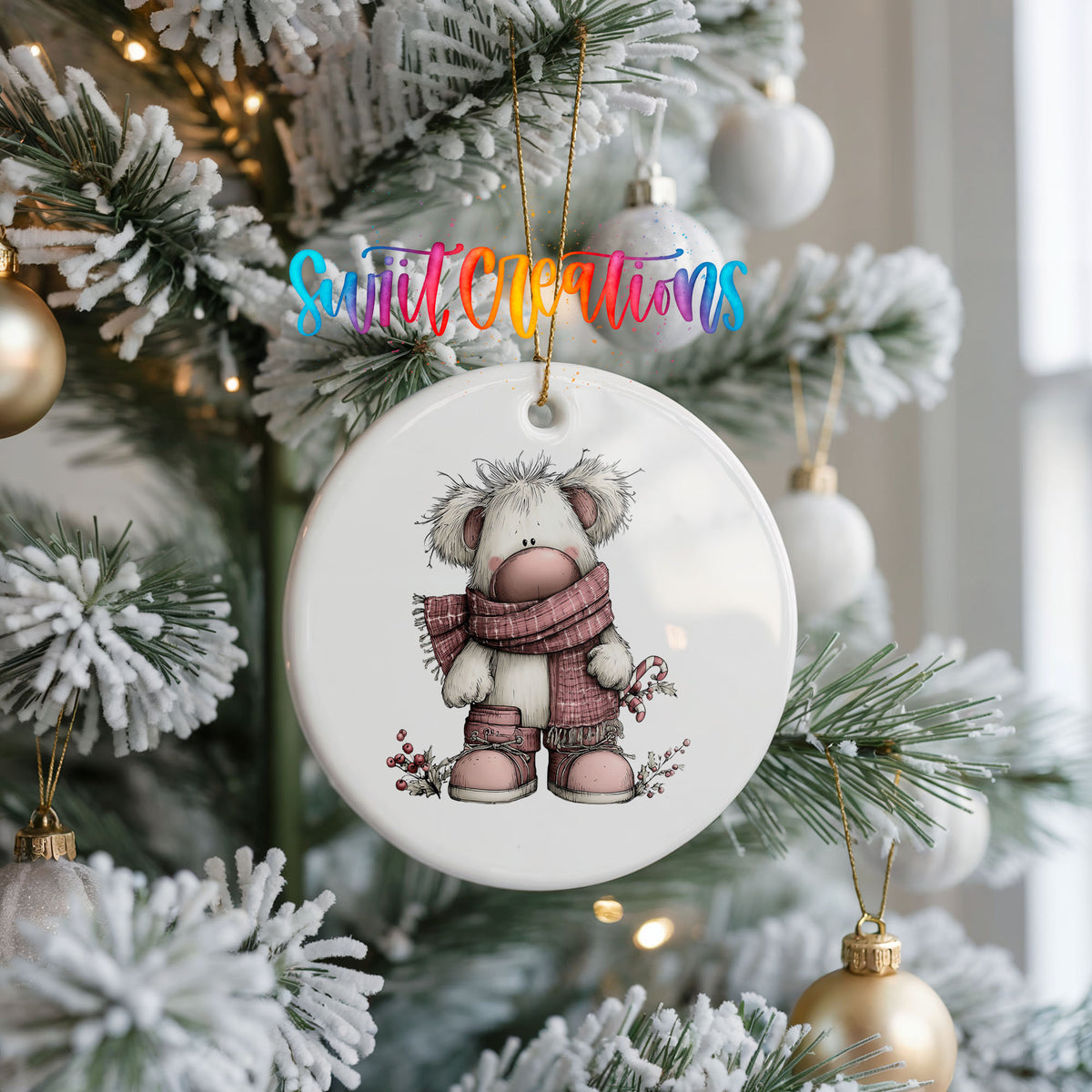 teddy bear in a pink winter sweater with holly ceramic Christmas ornament hanging on a frosted Christmas tree