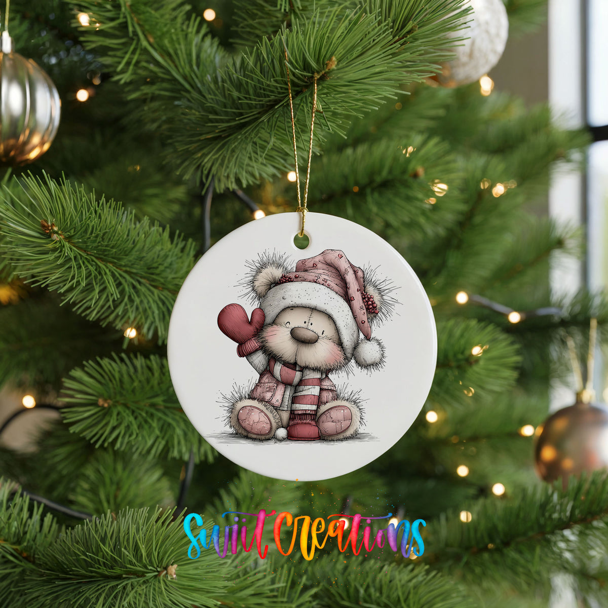 teddy bear holding a pink heart in a Santa hat ceramic Christmas ornament hanging on a lit Christmas tree