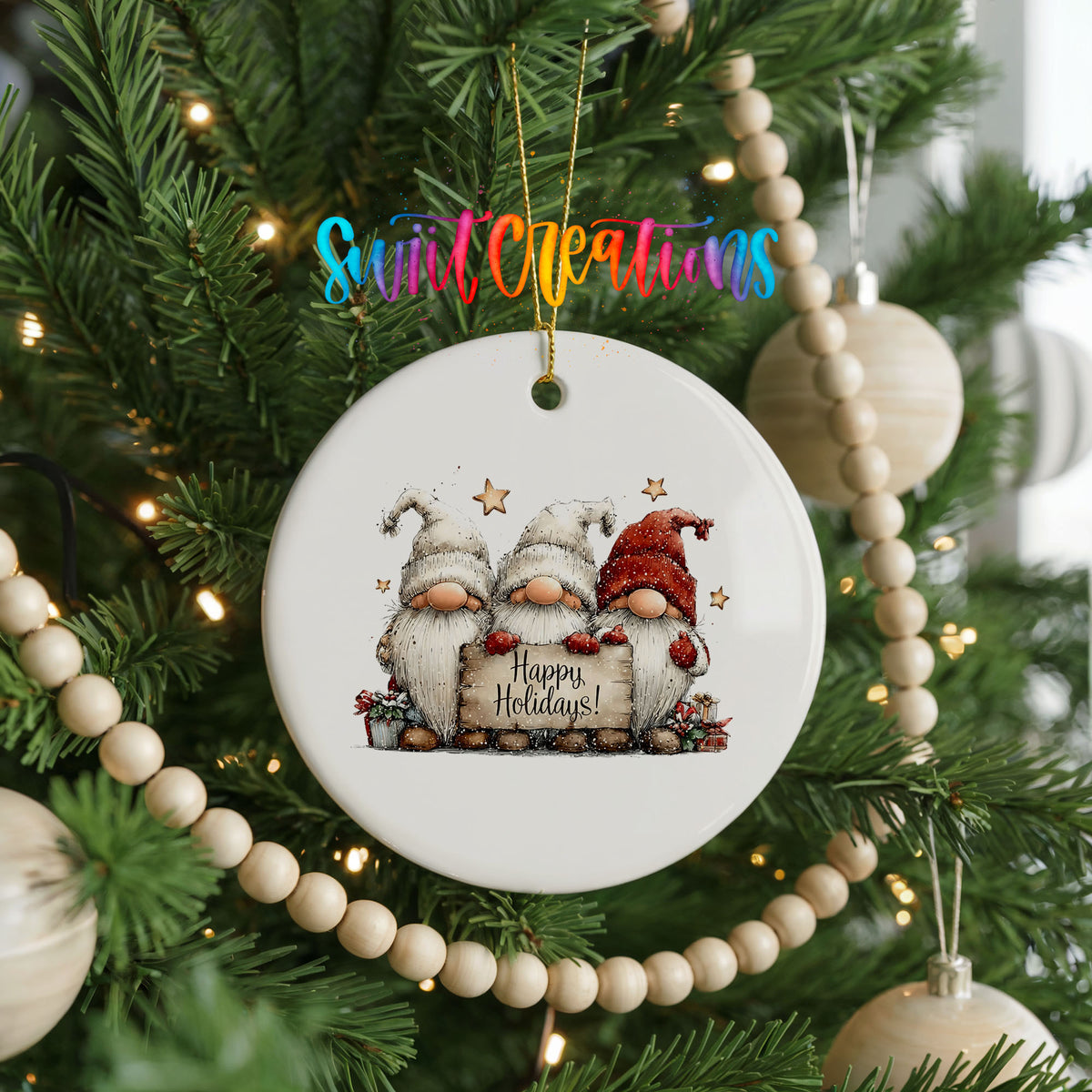 whimsical Christmas characters with a Happy Holidays message ceramic Christmas ornament hanging on a green Christmas tree