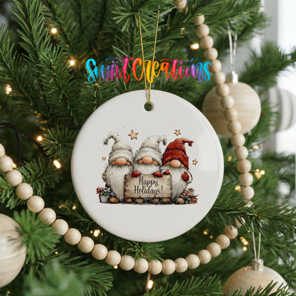 whimsical Christmas characters with a Happy Holidays message ceramic Christmas ornament hanging on a green Christmas tree