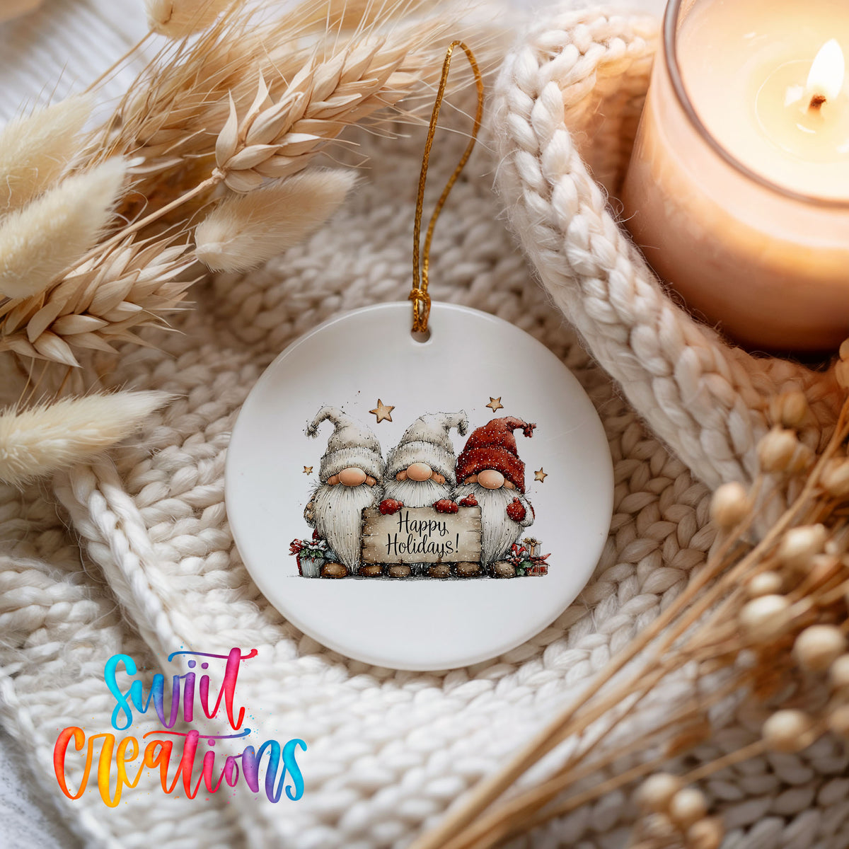 whimsical Christmas characters with a Happy Holidays message ceramic Christmas ornament styled on a cozy knit blanket