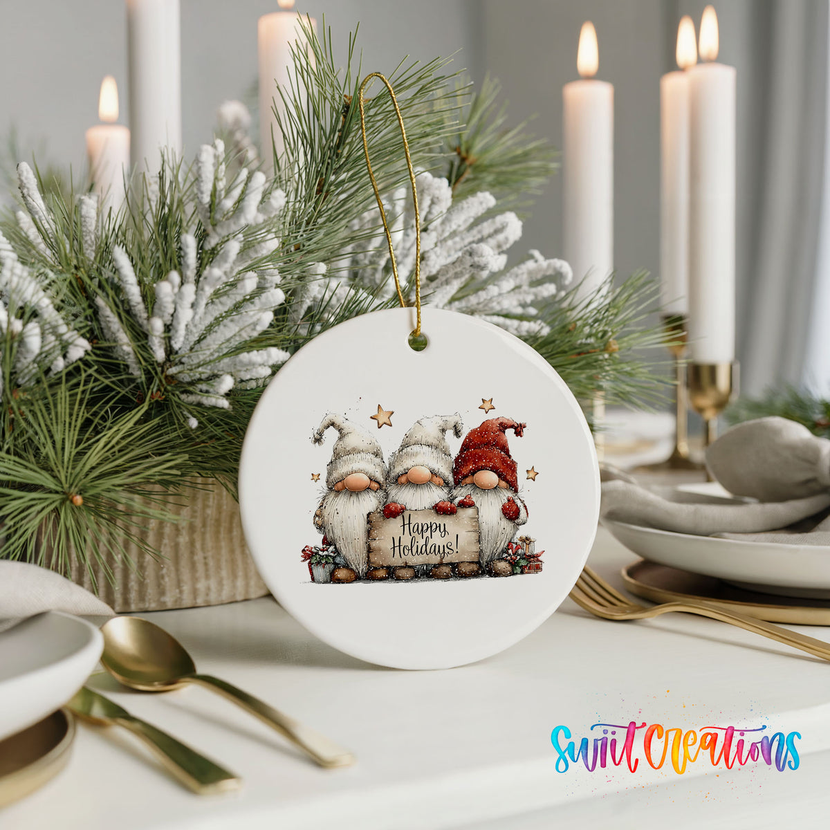 whimsical Christmas characters with a Happy Holidays message ceramic Christmas ornament shown in a holiday table setting