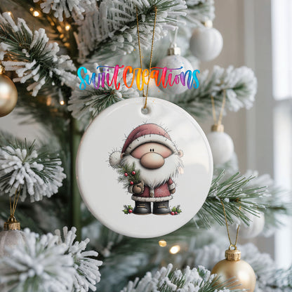 Santa Claus in a pink winter suit ceramic Christmas ornament hanging on a frosted Christmas tree
