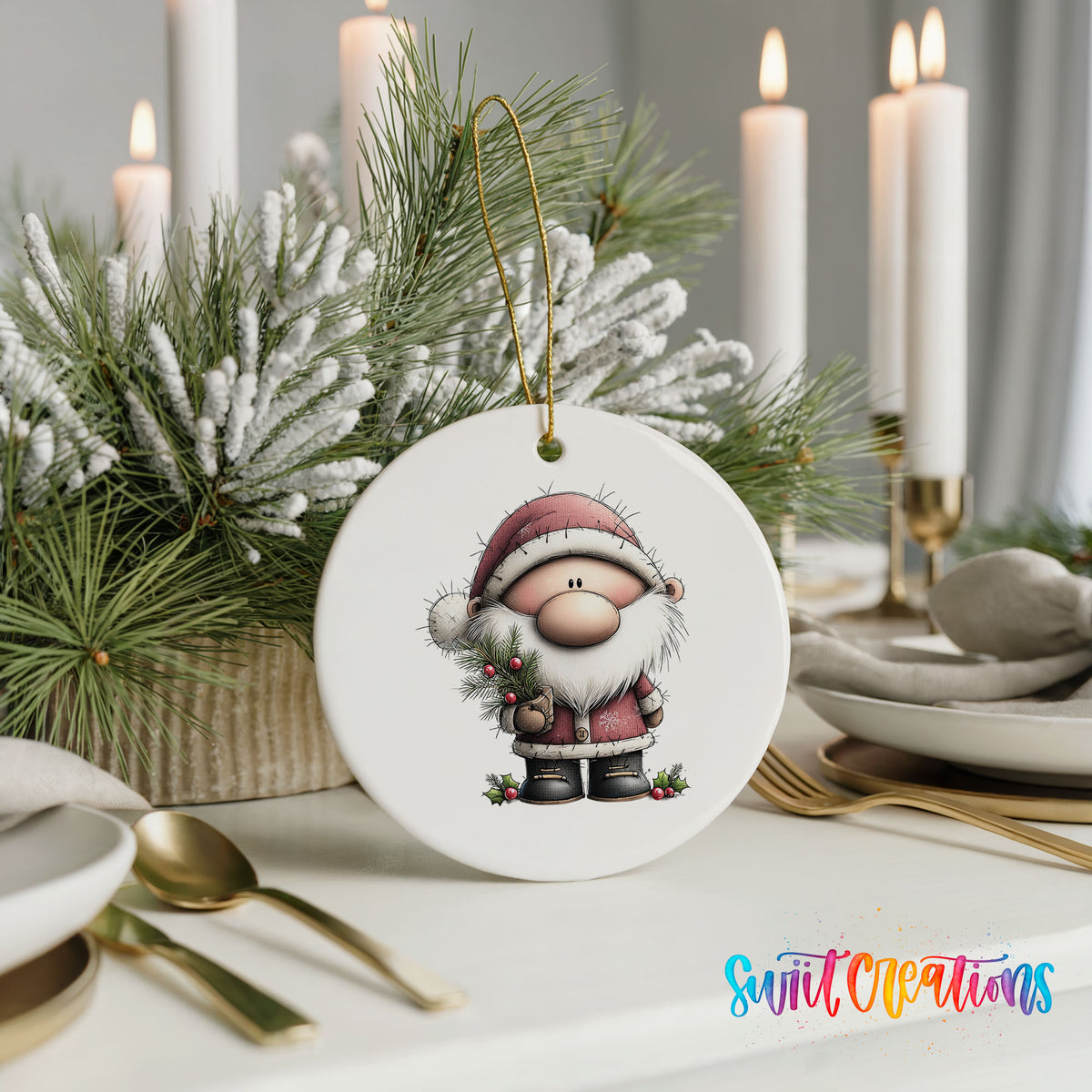 Santa Claus in a pink winter suit ceramic Christmas ornament shown in a holiday table setting