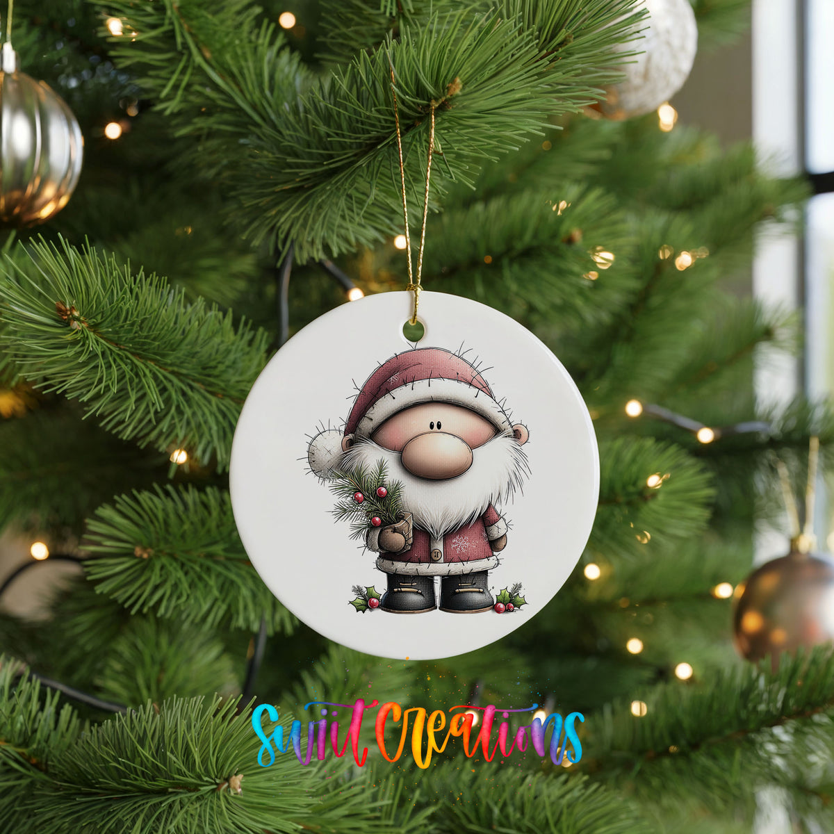 Santa Claus in a pink winter suit ceramic Christmas ornament hanging on a lit Christmas tree
