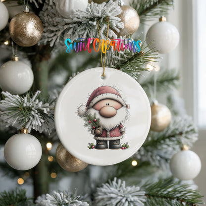 Santa Claus in a pink winter suit ceramic Christmas ornament hanging on a frosted tree with ornaments
