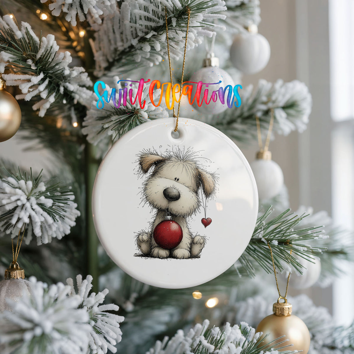 fluffy Christmas puppy holding a red ornament ceramic Christmas ornament hanging on a frosted Christmas tree