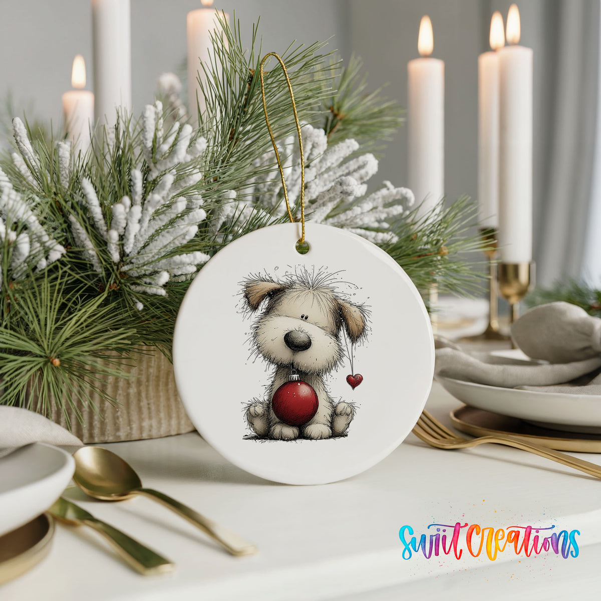 fluffy Christmas puppy holding a red ornament ceramic Christmas ornament shown in a holiday table setting