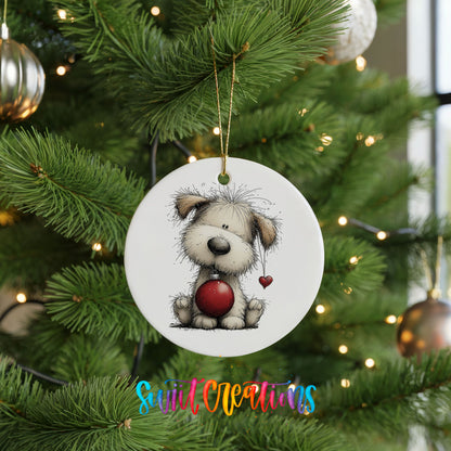 fluffy Christmas puppy holding a red ornament ceramic Christmas ornament hanging on a lit Christmas tree